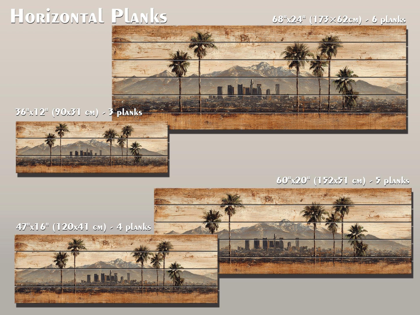 Los Angeles Wood Art - Rustic Wood Print With Palm Trees & Mountains | Farmhouse Wall Decor