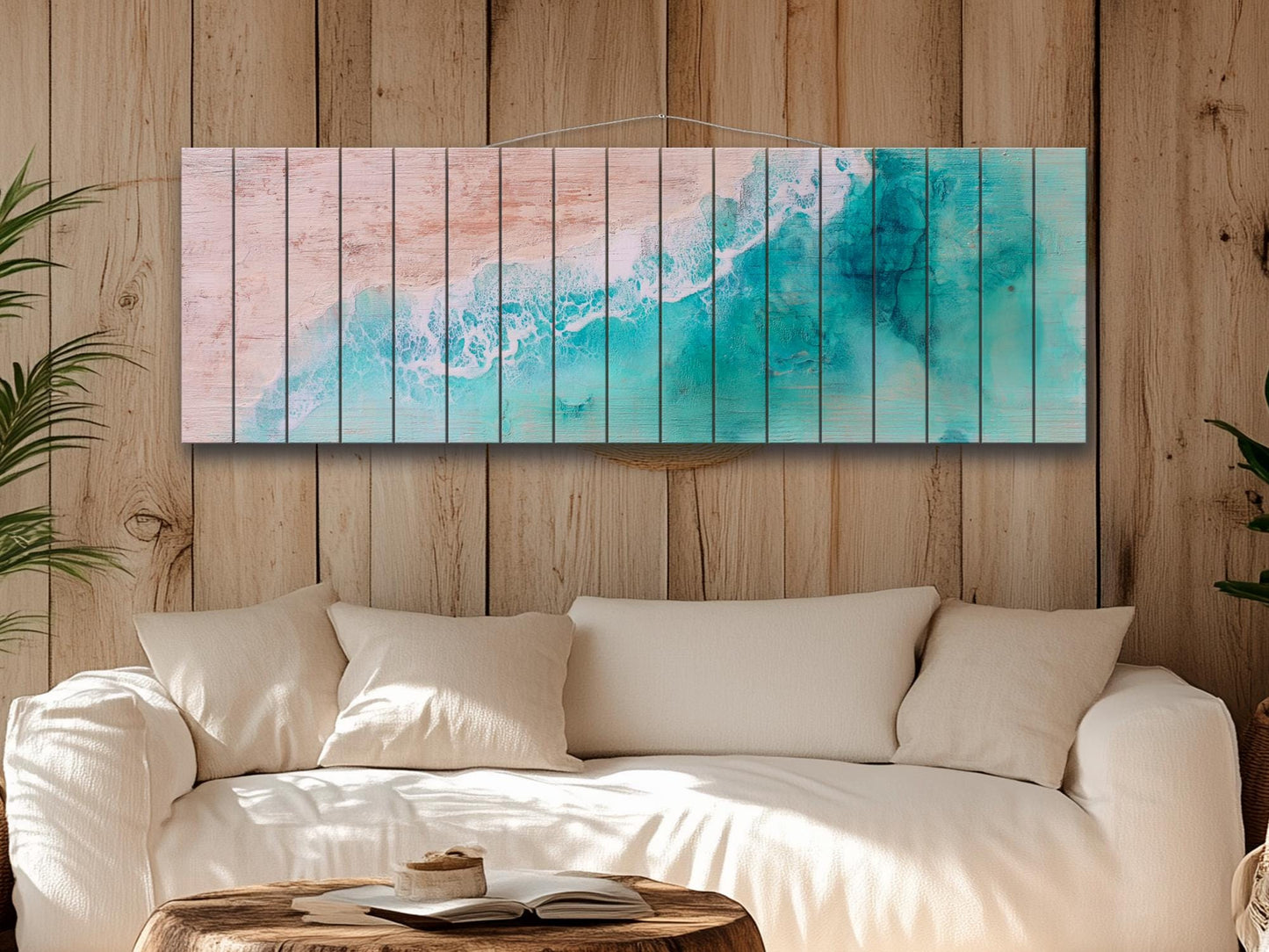 Nautical Wood Wall Art - Abstract Aerial View of a Beach and Rolling Waves Printed on Wood, Beach Wall Art, Soft Tones Beach Painting