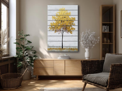 Golden Tree Wall Art – Elegant Rustic Wood Print With Gold Leaf Tree Design