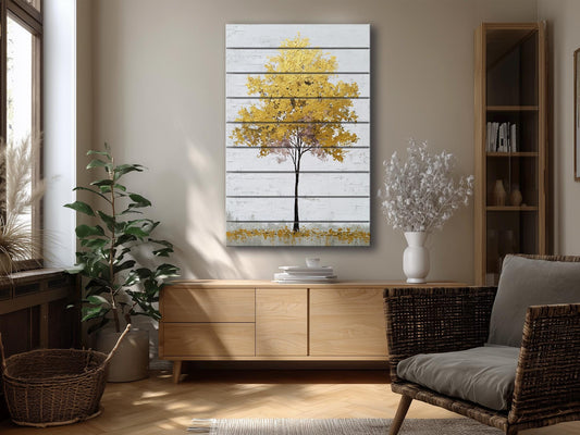 Golden Tree Wall Art – Elegant Rustic Wood Print With Gold Leaf Tree Design