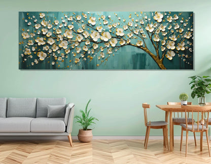 Abstract Tree Canvas Print - Teal Panoramic Painting | Ready to Hang Floral Wall Art