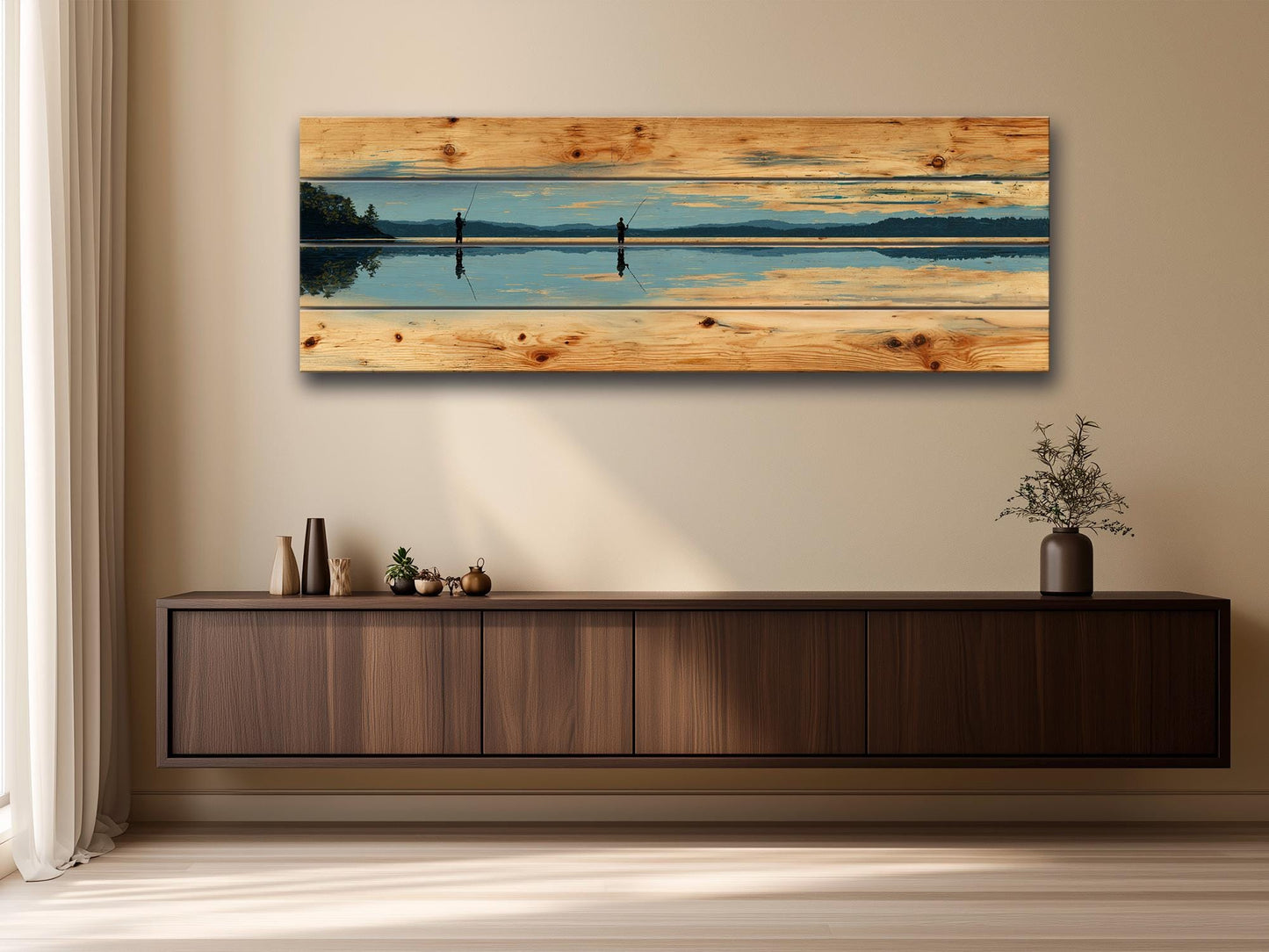 Fly Fishing Lake Print – Rustic Wood Wall Art, Panoramic Cabin Decor
