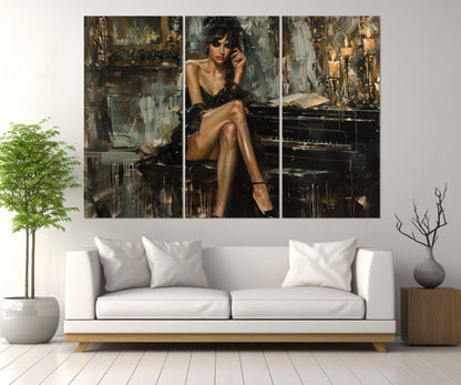 Boldini Style Canvas - Sexy Woman Piano Painting, Framed Ready to Hang