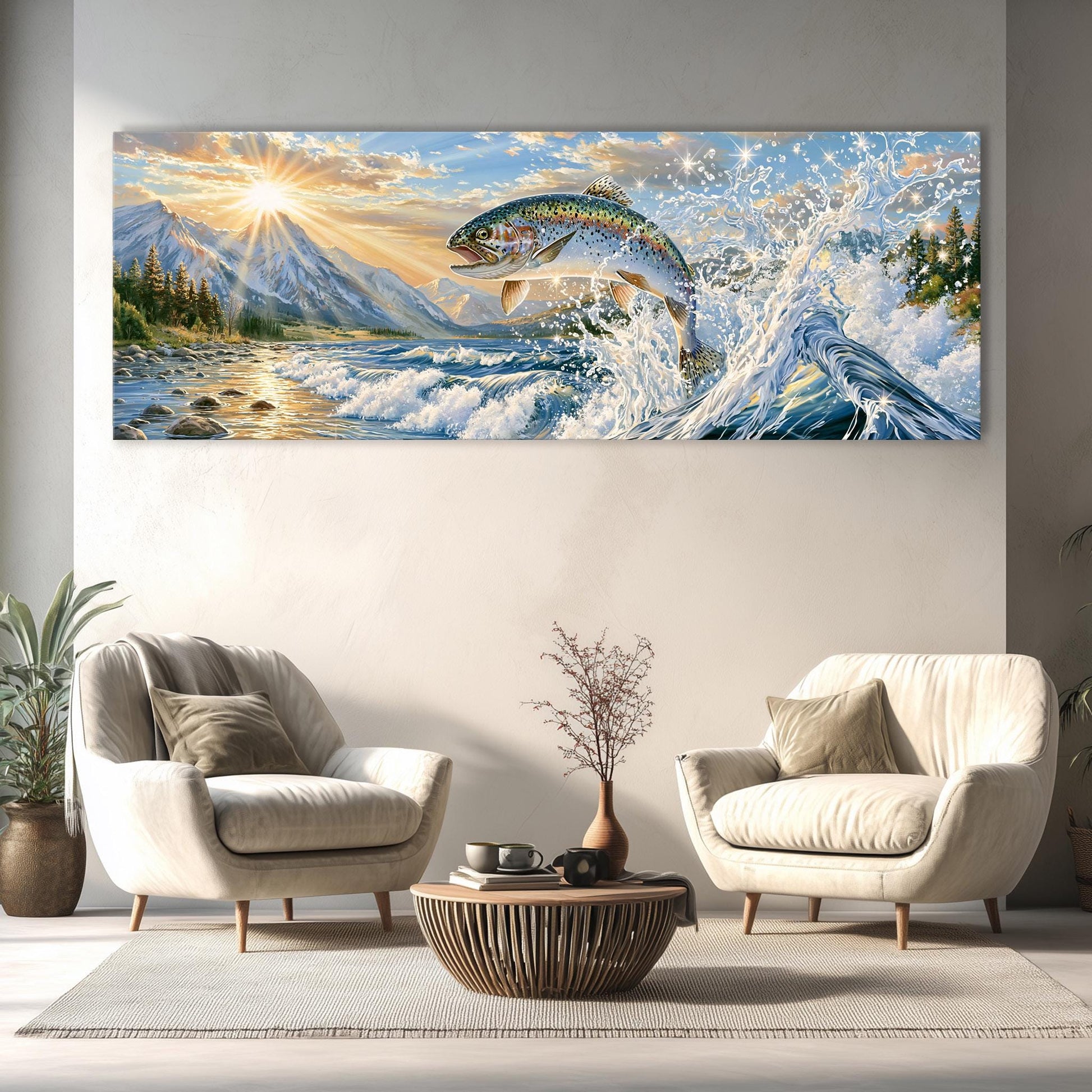 a large painting of a fish leaping out of the water, set against a backdrop of mountains and a sunset sky. The painting is displayed on a wall above a living room with two white armchairs and a coffee table.
