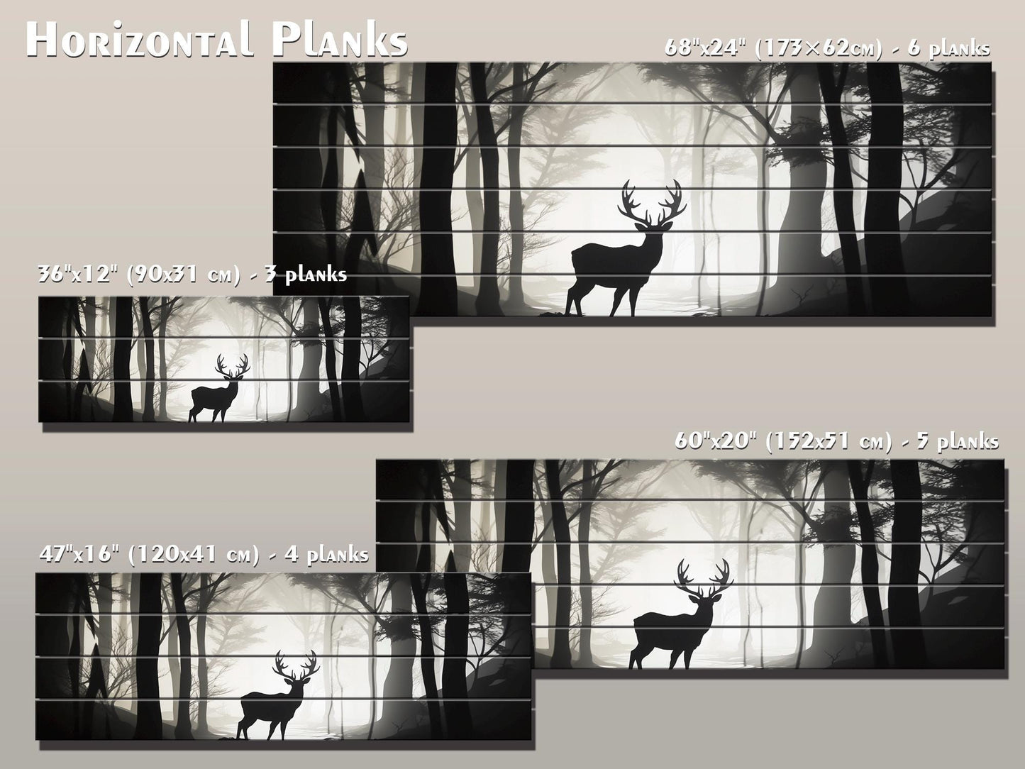Deer Silhouette in Forest Print On Natural Wood, Woodland Wall Art
