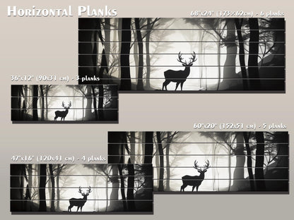Deer Silhouette in Forest Print On Natural Wood, Woodland Wall Art