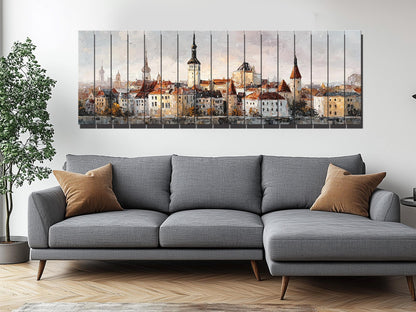 Tallinn Wood Print – Rustic Wall Art With Beige Morning Skyline on Distressed Wood