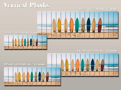 A Row Of Surfboards Print On Natural Wood