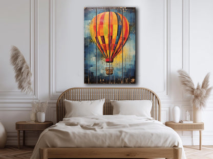 Rustic Wooden Wall Art – Hot Air Balloon Art on Natural Wood Print | Ready to Hang