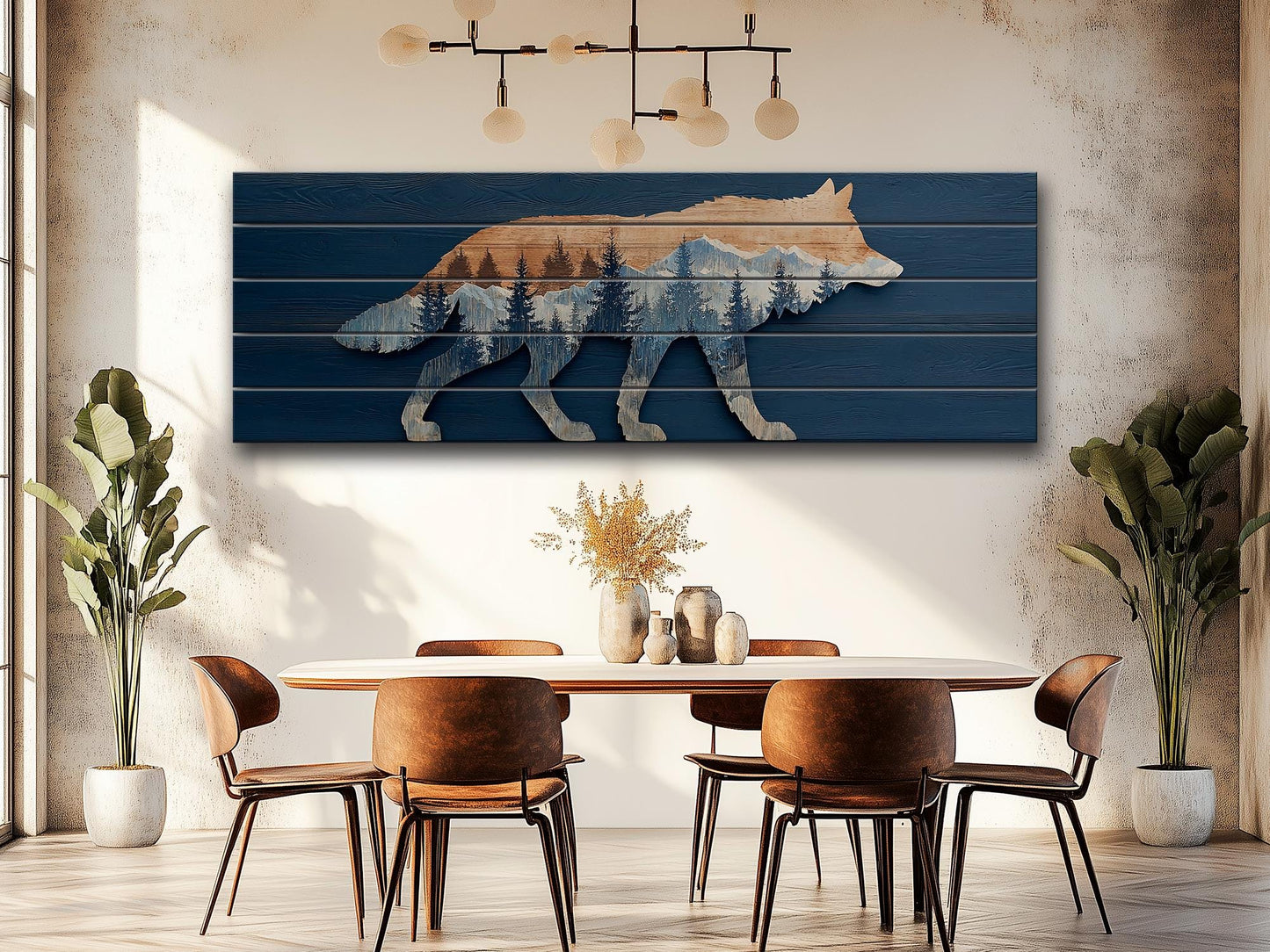 Wolf Silhouette with Forest Print on Natural Wood, Rustic Hunting Wall Art