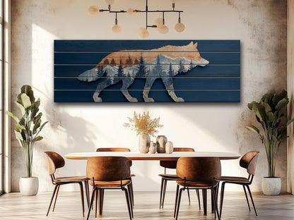 Wolf Silhouette with Forest Print on Natural Wood, Rustic Hunting Wall Art