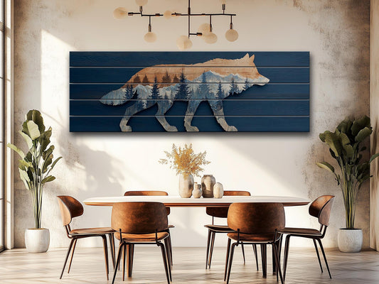 Wolf Silhouette with Forest Print on Natural Wood, Rustic Hunting Wall Art