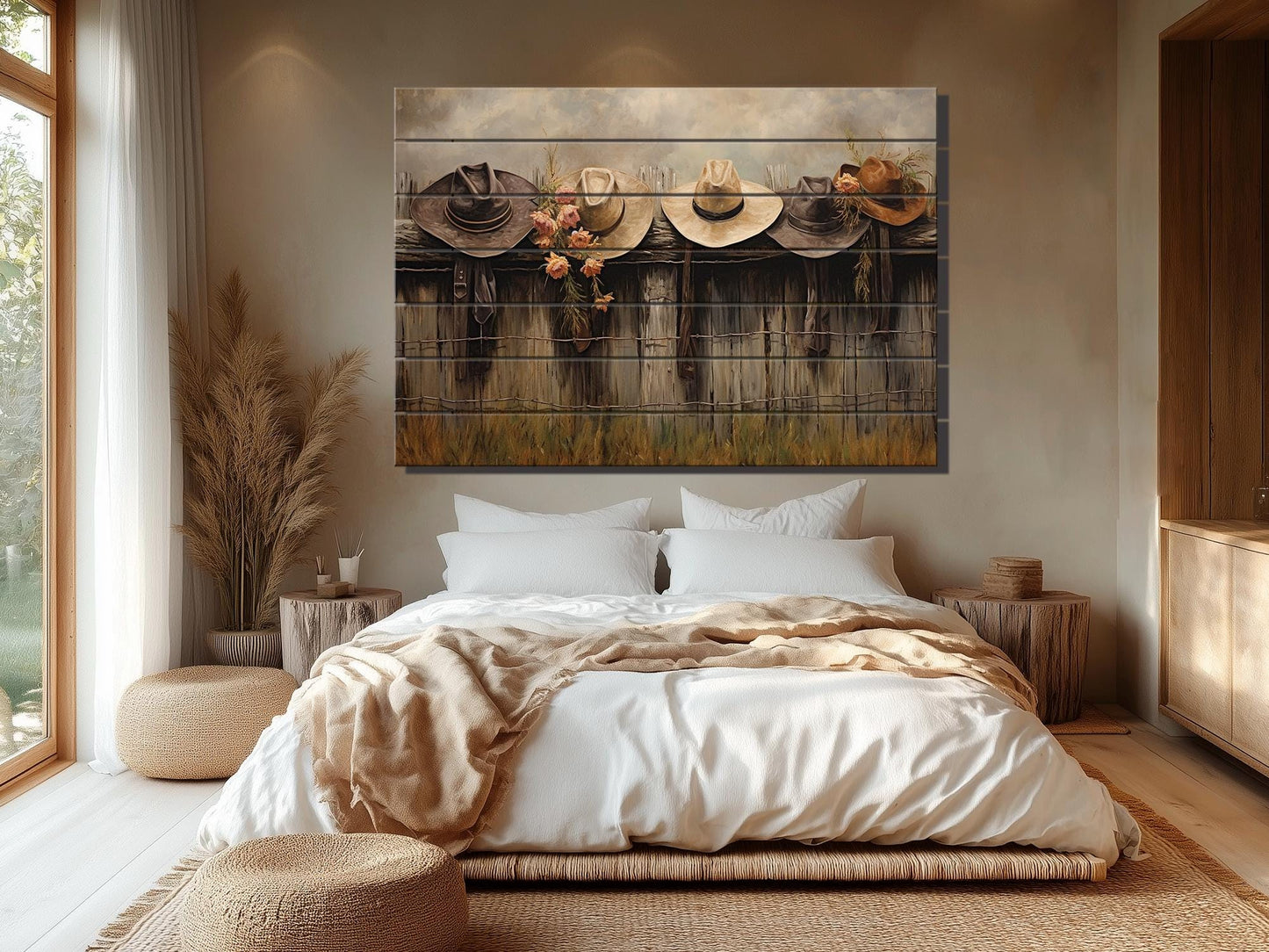 Rustic Fence Wall Art – Wooden Wall Decor with Hanging Hats Print on Natural Wood