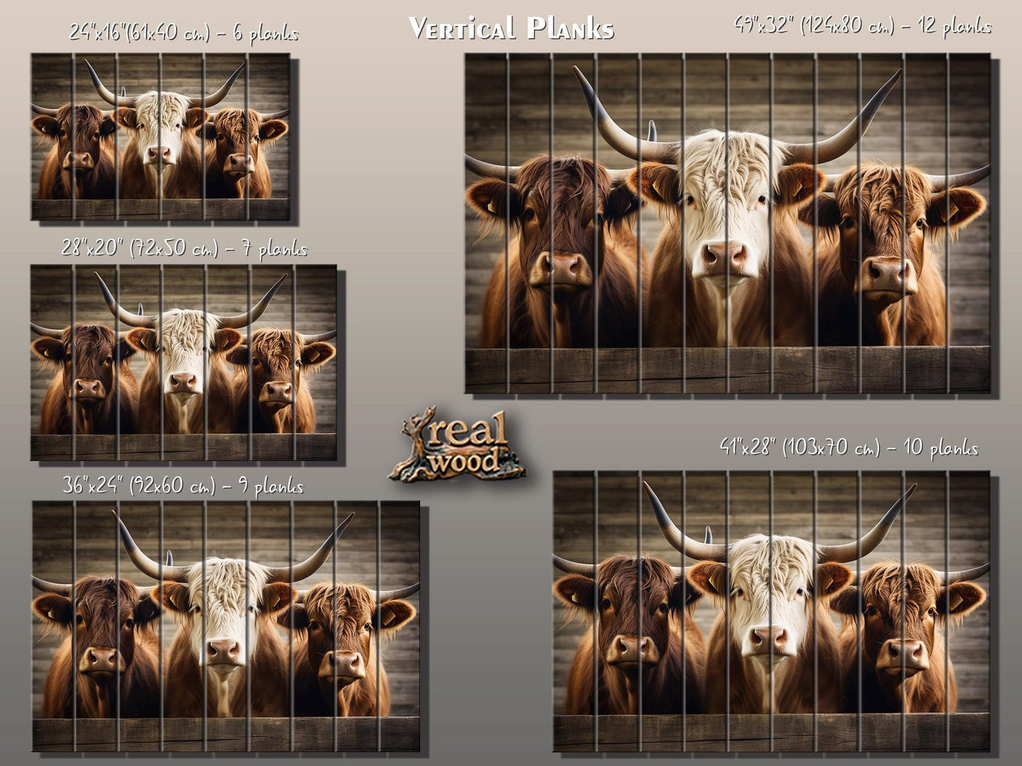 Rustic Wood Wall Art – Highland Cows Painting on Natural Wood Planks | Farmhouse Wall Decor