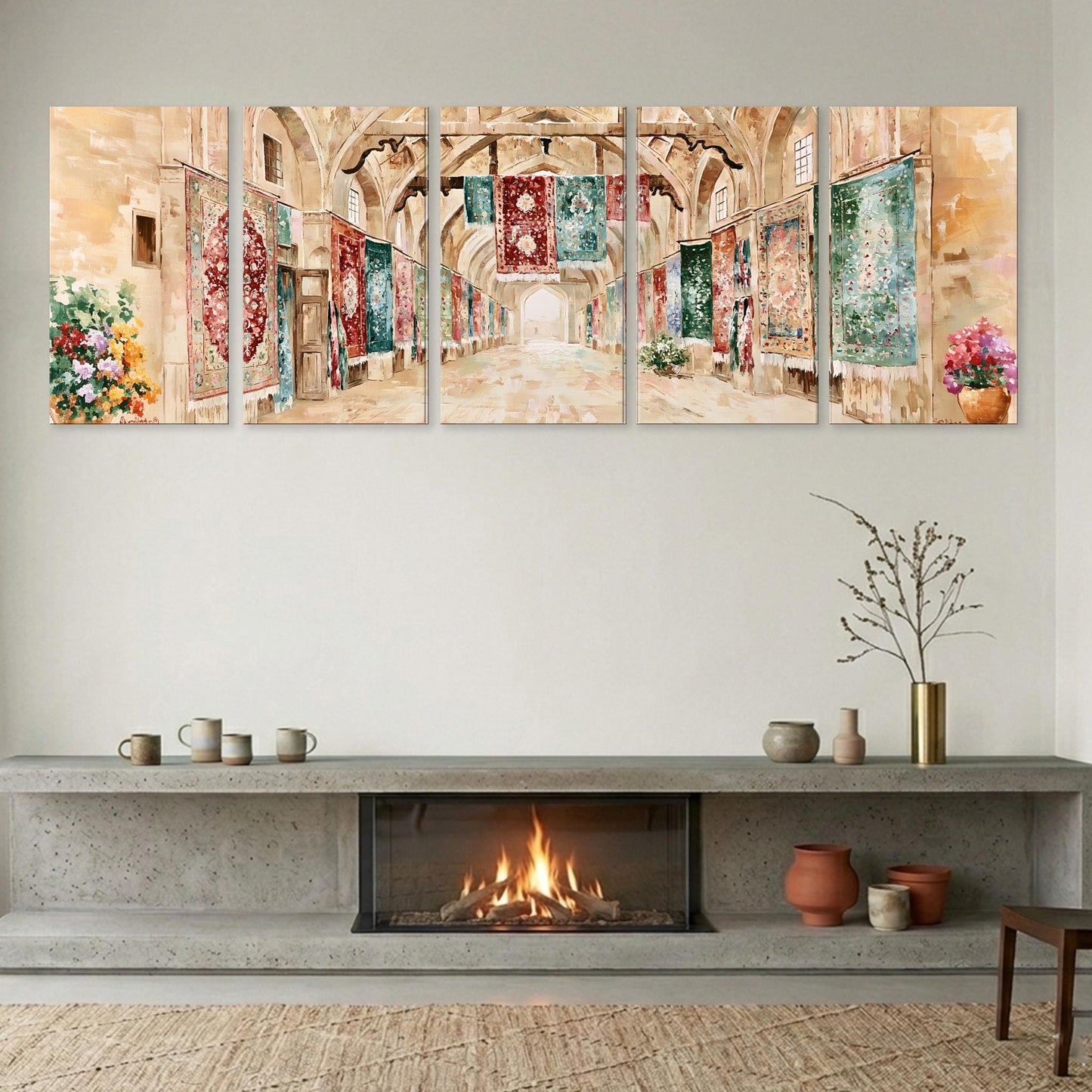 a cozy living room with a fireplace, a wooden shelf with decorative items, and a large painting depicting a hallway with colorful tapestries hanging on the walls.