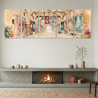 a cozy living room with a fireplace, a wooden shelf with decorative items, and a large painting depicting a hallway with colorful tapestries hanging on the walls.