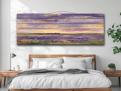Wood Wall Art – Dreamy Lavender Field Print | Rustic Cabin Decor & Natural Wood Plank Artwork