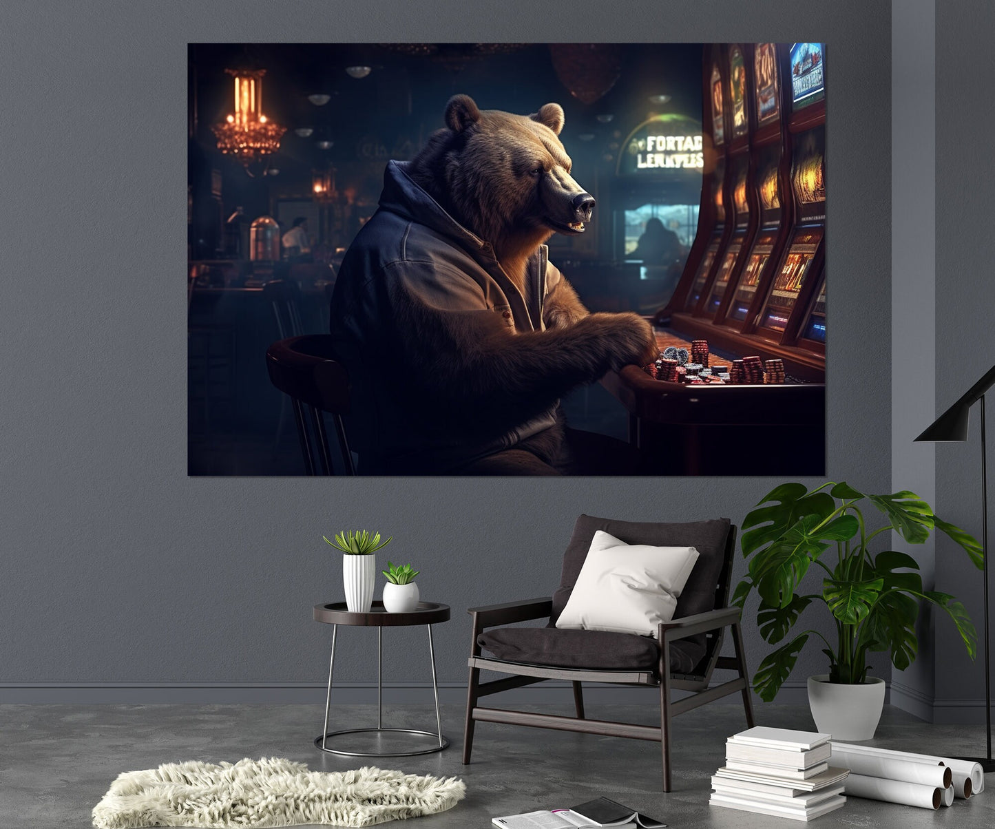 Casino Wall Art - Brown Bear Playing Slot Machines | Framed Canvas Print
