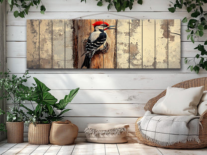 Rustic Wood Wall Art - Woodpecker on a tree Vintage Style Painting Printed on Natural Wood, Woodpecker Print, Forest Birds Print