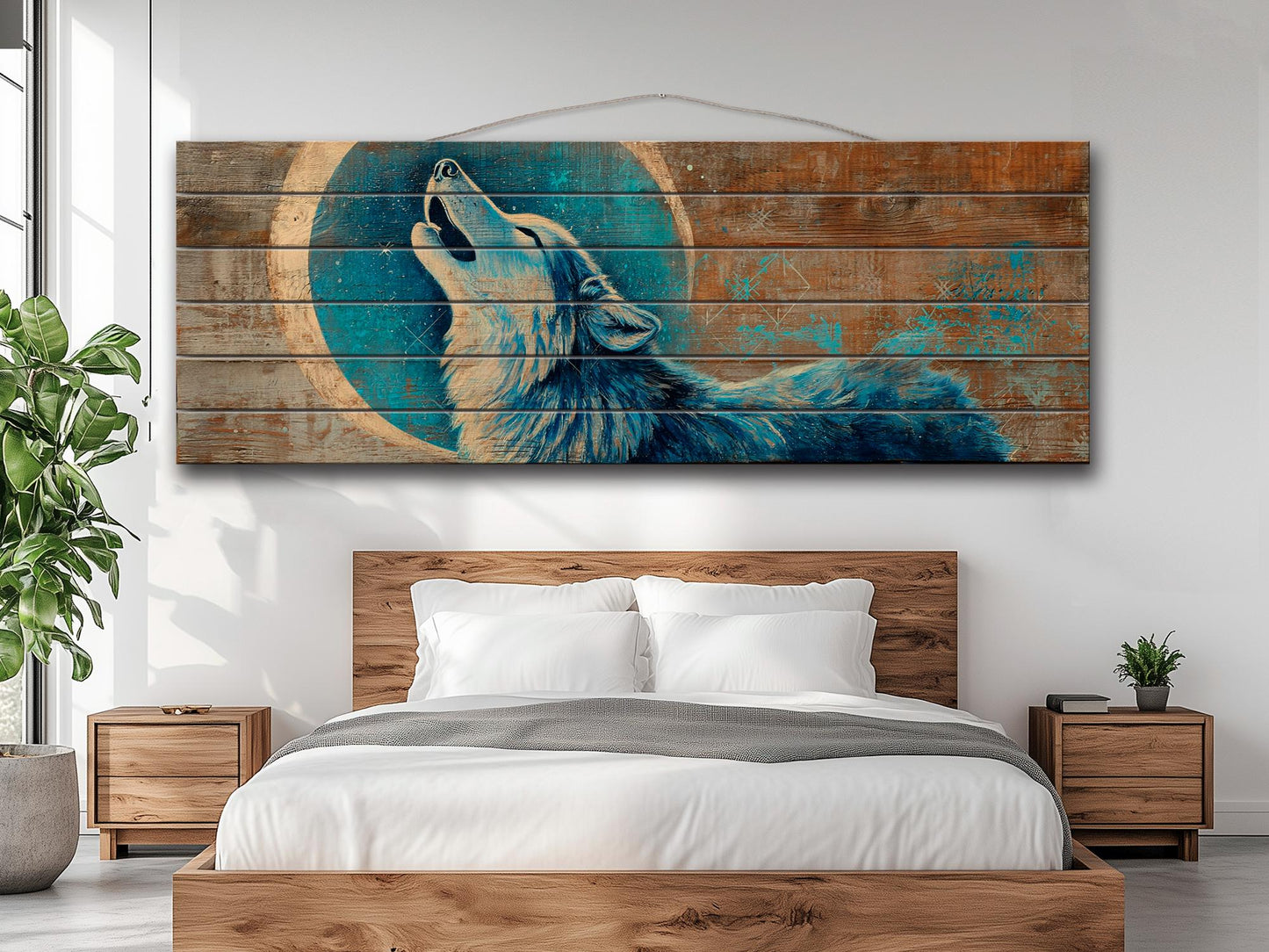 Wood Wall Art - Mystical Wolf Howling on Full Moon Print on Natural Wood, Howling Wolf Painting, Native American Wall Decor, Rustic Wolf Art