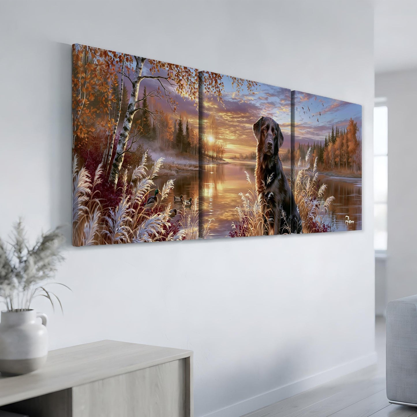 The image is a large, three-panel painting depicting a serene landscape with a dog sitting in the foreground, surrounded by autumn foliage and a calm body of water.