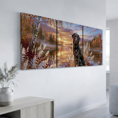 The image is a large, three-panel painting depicting a serene landscape with a dog sitting in the foreground, surrounded by autumn foliage and a calm body of water.