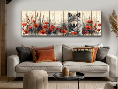 Wolf Wood Wall Art – Rustic Wood Print with Red Poppies and Wildlife Decor