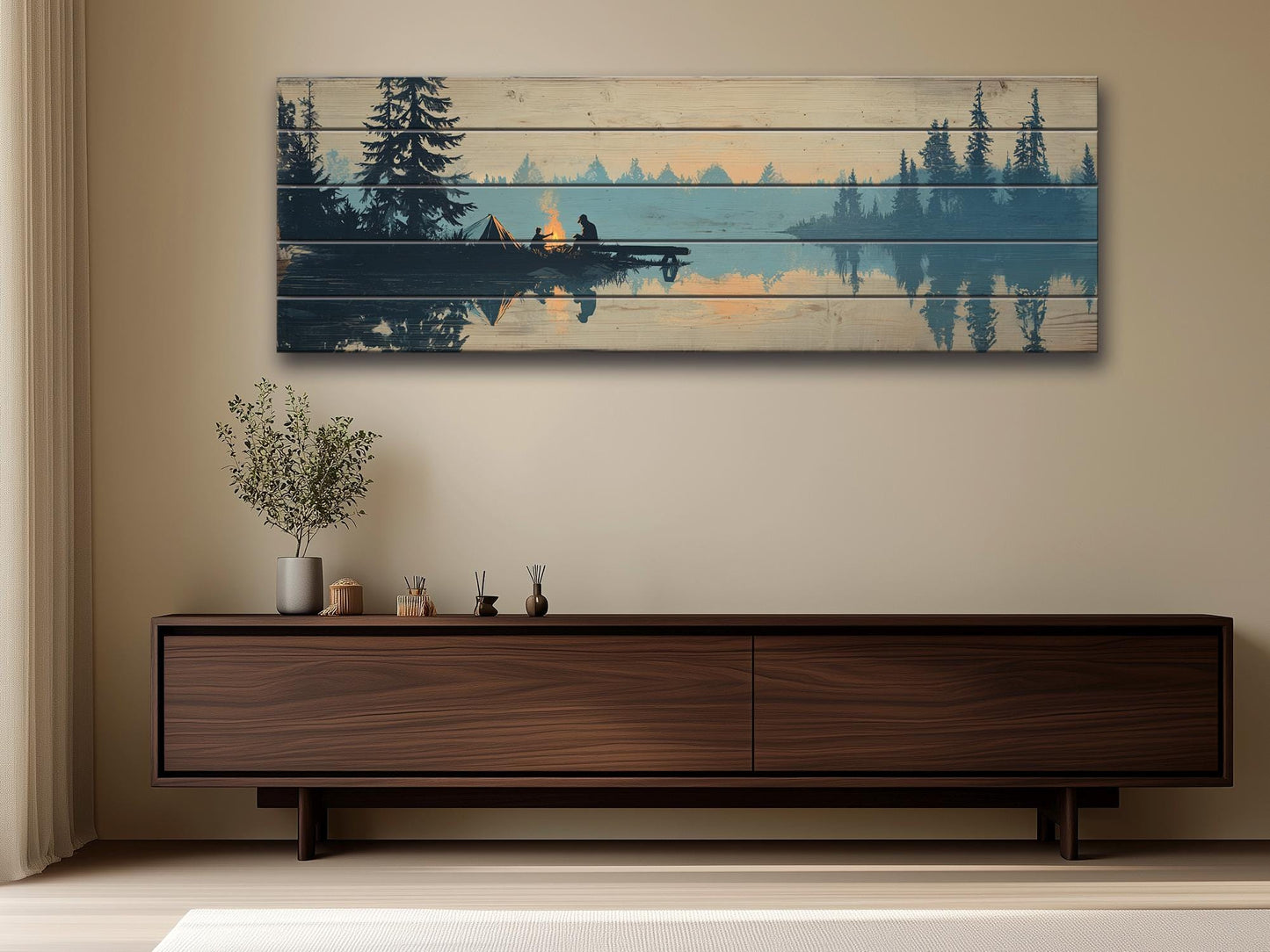 Campfire Print on Wood – Rustic Wood Decor with Mountain Lake and Warm Firelight