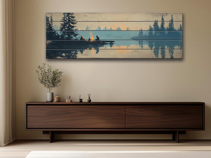 Campfire Print on Wood – Rustic Wood Decor with Mountain Lake and Warm Firelight