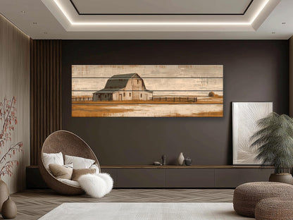 Alpine Wood Wall Art – Rustic Mountain Painting With Beige Blue Lake Decor