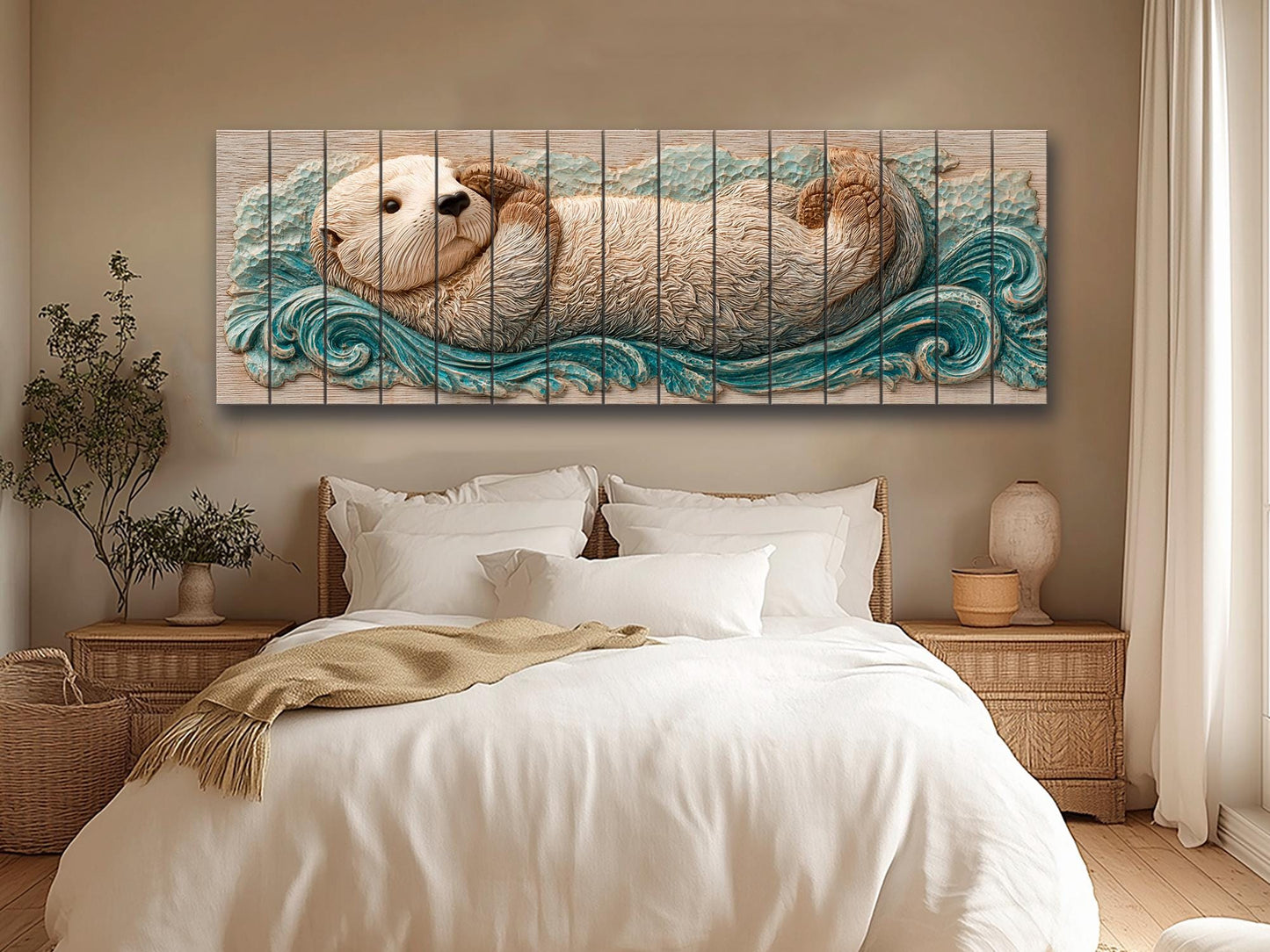 Sea Otter Print on Wood – Coastal Rustic Decor | Beige Blue Wall Art