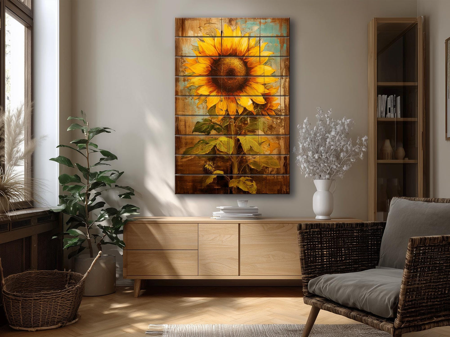 Sunflower Wood Art | Handcrafted Rustic Wall Decor with Unique Wood Grain Print