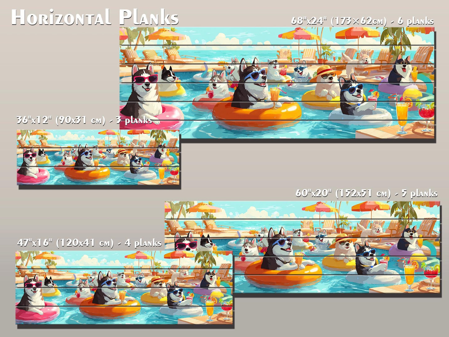 Funny Husky Wall Art – Playful Pool Party Print on Rustic Wood Decor