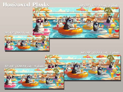Funny Husky Wall Art – Playful Pool Party Print on Rustic Wood Decor