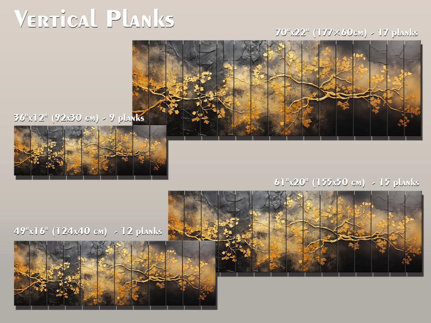 Wooden Wall Art – Gold Tree Branches Print on Natural Wood | Abstract Black & Gold Decor