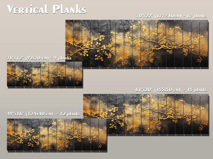 Wooden Wall Art – Gold Tree Branches Print on Natural Wood | Abstract Black & Gold Decor