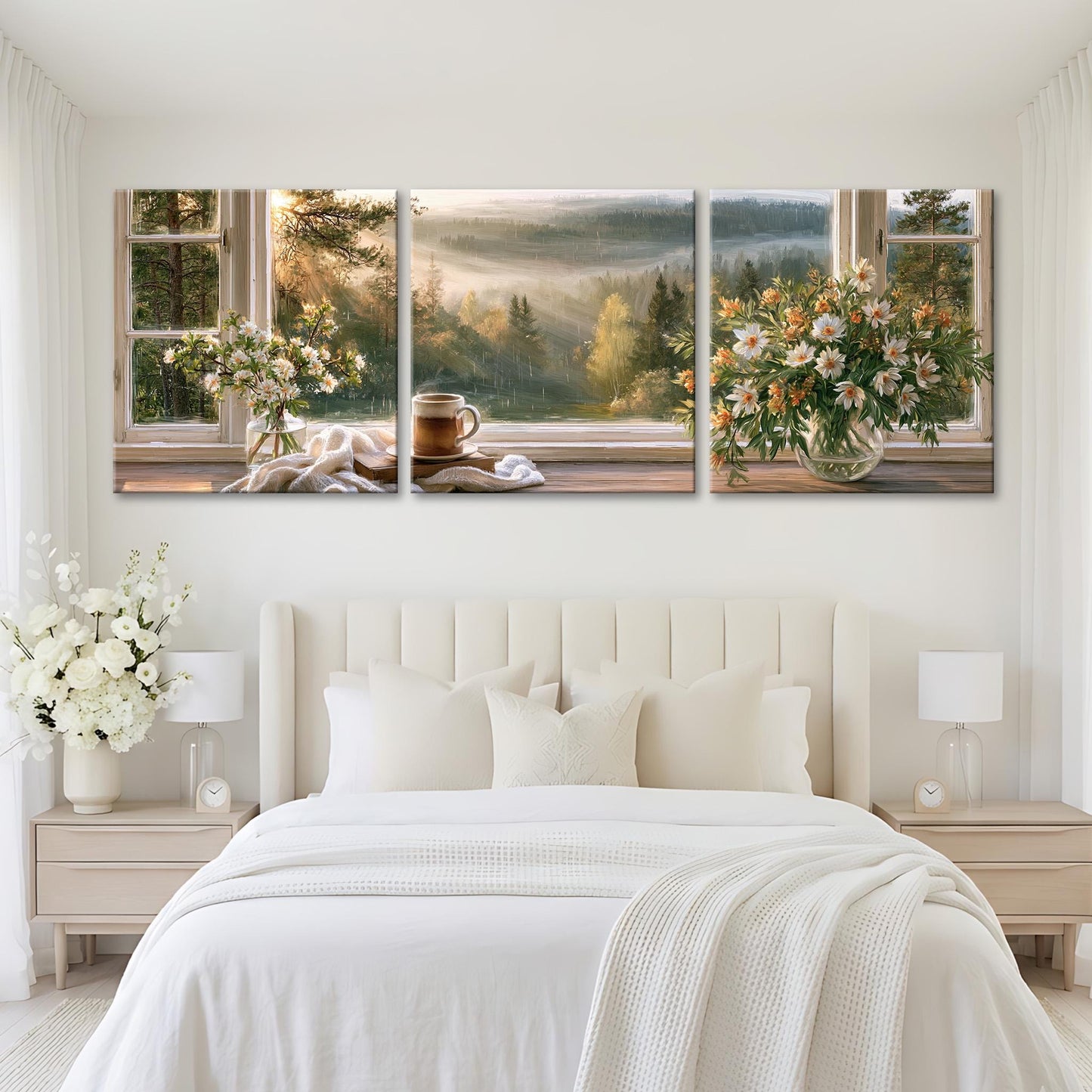 The image is a large, three-panel artwork depicting a serene bedroom scene with a bed, nightstands, and a vase of flowers. The panels show a sunrise or sunset view through the windows, with the warm colors of the sky and the flowers creating a peaceful and inviting atmosphere.