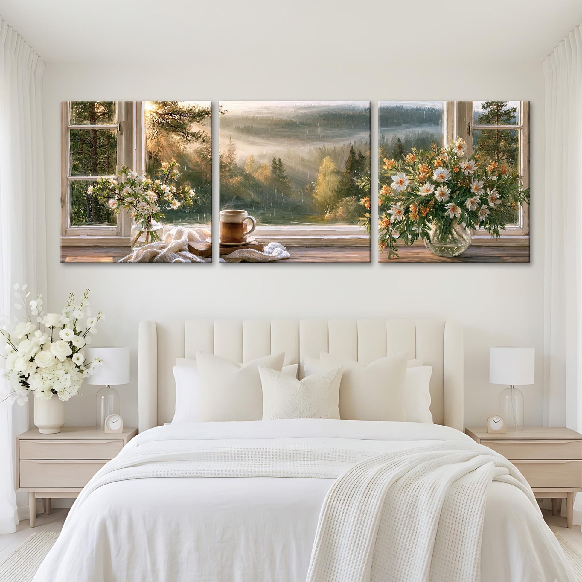 The image is a large, three-panel artwork depicting a serene bedroom scene with a bed, nightstands, and a vase of flowers. The panels show a sunrise or sunset view through the windows, with the warm colors of the sky and the flowers creating a peaceful and inviting atmosphere.