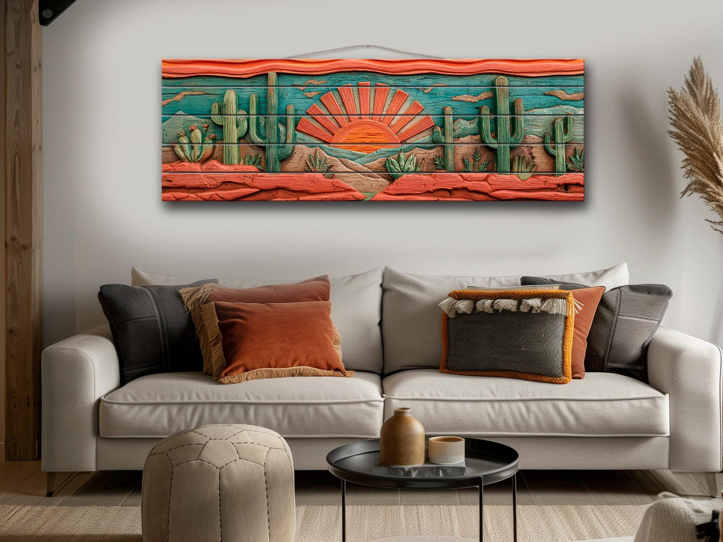 Arizona Desert Wood Print with Cactus and Sun, Rustic Vintage Southwest Wall Art