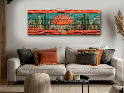 Arizona Desert Wood Print with Cactus and Sun, Rustic Vintage Southwest Wall Art