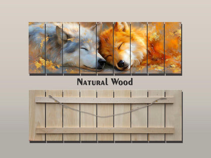 Sleeping Wolf Couple Print on Wood, Romantic Wildlife Wall Art