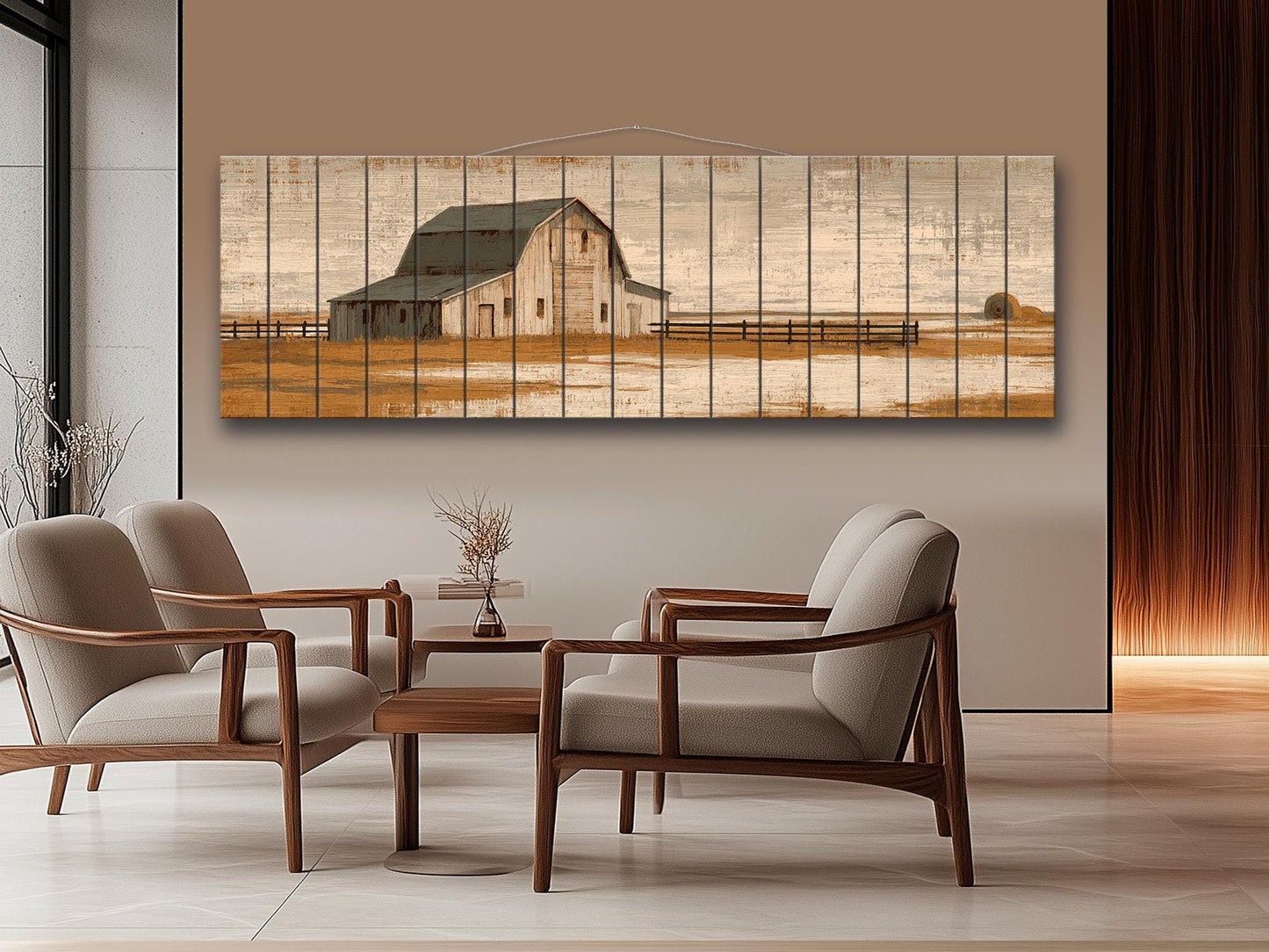 Country Barn Wall Art – Rustic Wood Print With Tractor & Beige Ochre Painting