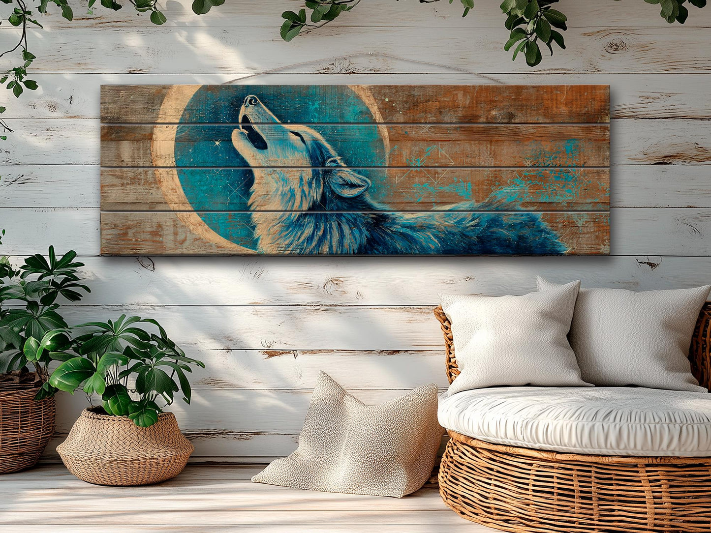 Wood Wall Art - Mystical Wolf Howling on Full Moon Print on Natural Wood, Howling Wolf Painting, Native American Wall Decor, Rustic Wolf Art