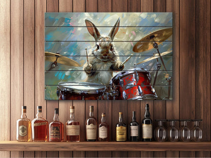 Rabbit Drummer Print on Wood, Funny Rabbit Musician Print, Drummer Gift, Musician Gift, Wood in Interior, Drums Wall Art, Wood Wall Art