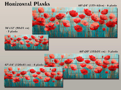 Floral Wood Wall Art – Field of Poppies Print on Natural Linden Wood Planks