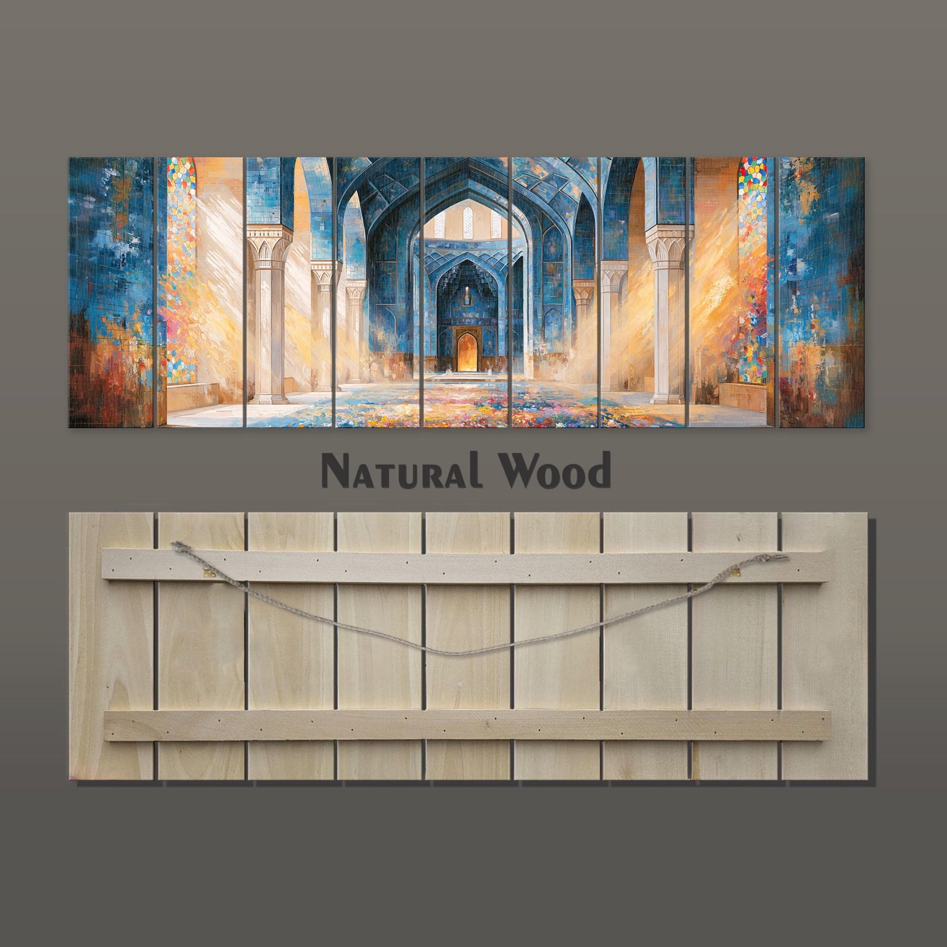 The image is a collage of a large, colorful painting depicting an ornate, blue-tiled interior with arches and columns. The painting is displayed on a wooden board, and the text "Natural Wood" is visible, indicating the material of the artwork.