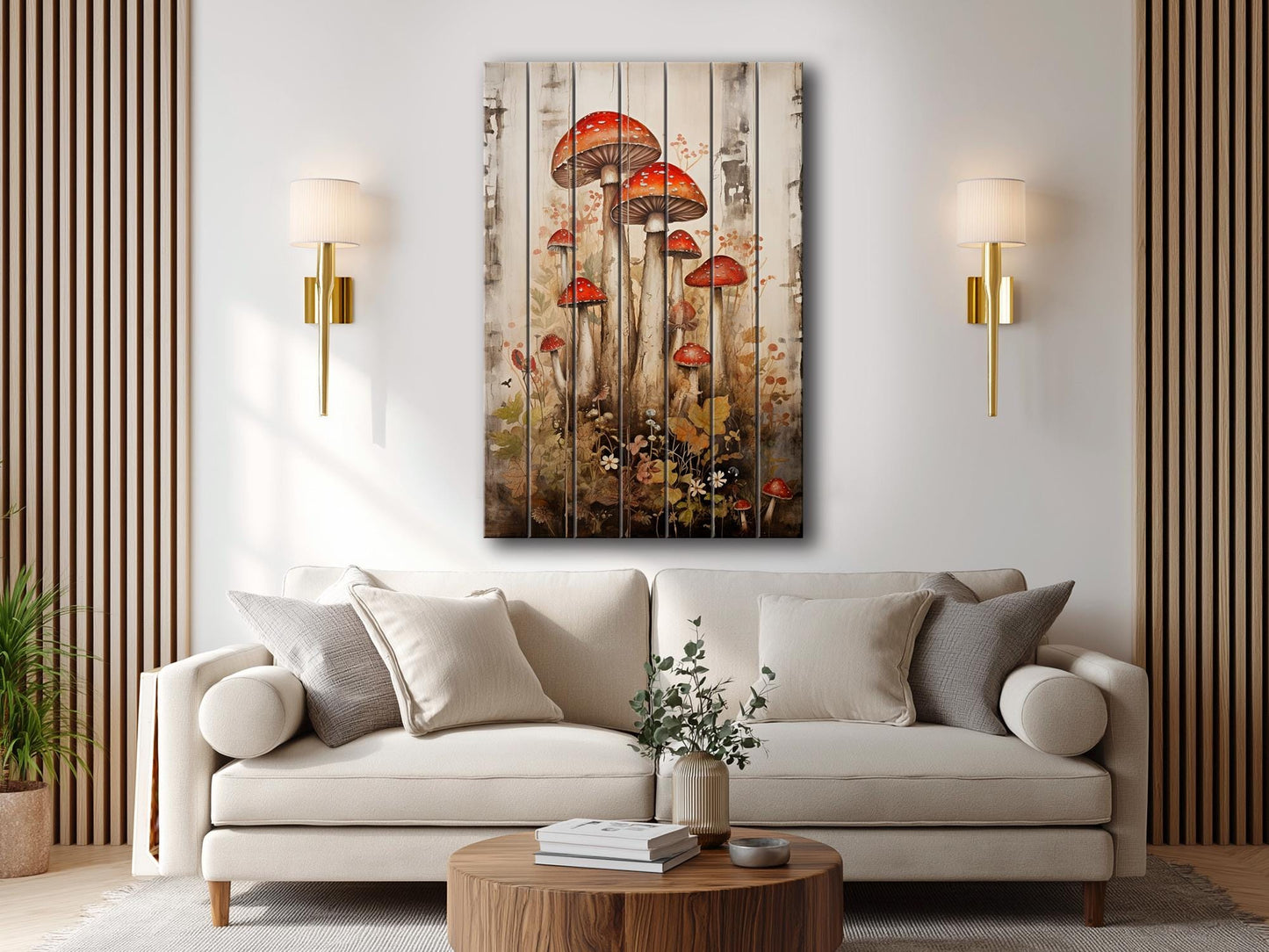 Rustic Wood Wall Art – Mushroom Garden Print on Natural Wood Planks
