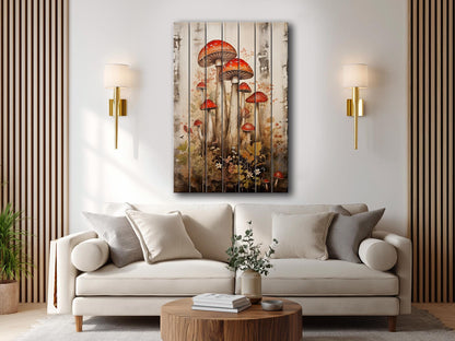 Rustic Wood Wall Art – Mushroom Garden Print on Natural Wood Planks