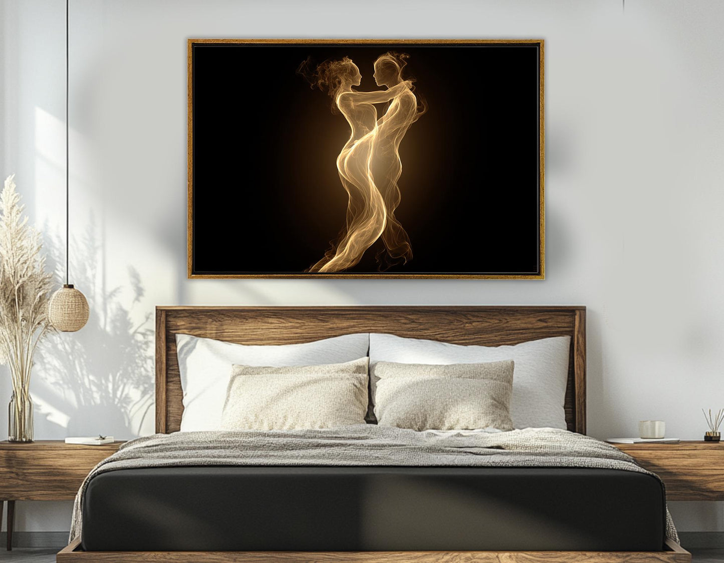 Romantic Canvas Wall Art – Sensual Golden Flame Couple Abstract Bedroom Decor
