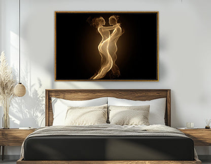 Romantic Canvas Wall Art – Sensual Golden Flame Couple Abstract Bedroom Decor